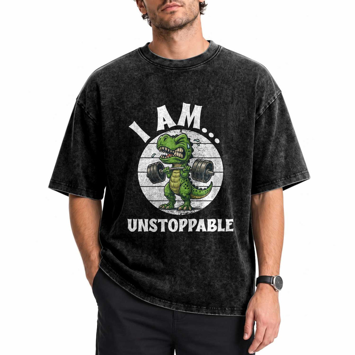 I Am Unstoppable Washed Cotton T-Shirt Funny Weightlifting Dinosaur Gym