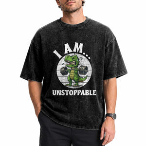 I Am Unstoppable Washed Cotton T-Shirt Funny Weightlifting Dinosaur Gym