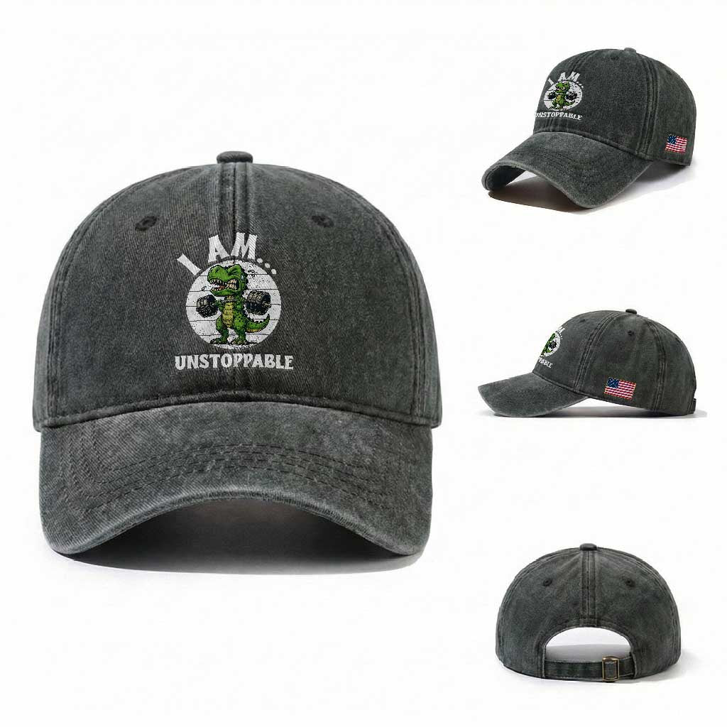 I Am Unstoppable Washed Cotton Baseball Cap Funny Weightlifting Dinosaur Gym TS12 Washed Cap Universal Fit Dark Green Print Your Wear