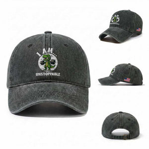 I Am Unstoppable Washed Cotton Baseball Cap Funny Weightlifting Dinosaur Gym TS12 Washed Cap Universal Fit Dark Green Print Your Wear