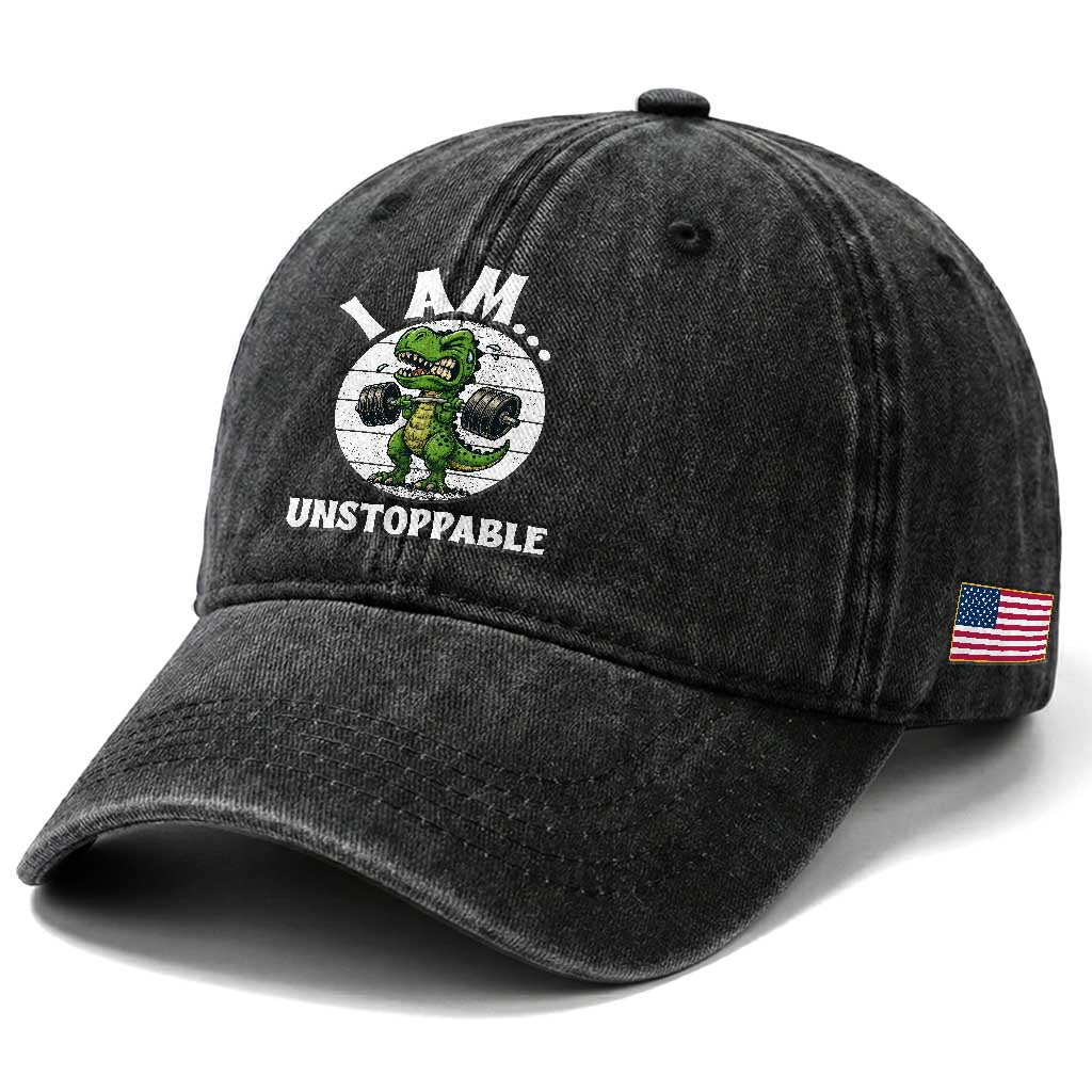 I Am Unstoppable Washed Cotton Baseball Cap Funny Weightlifting Dinosaur Gym TS12 Print Your Wear