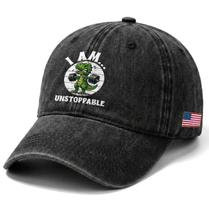 I Am Unstoppable Washed Cotton Baseball Cap Funny Weightlifting Dinosaur Gym TS12 Print Your Wear