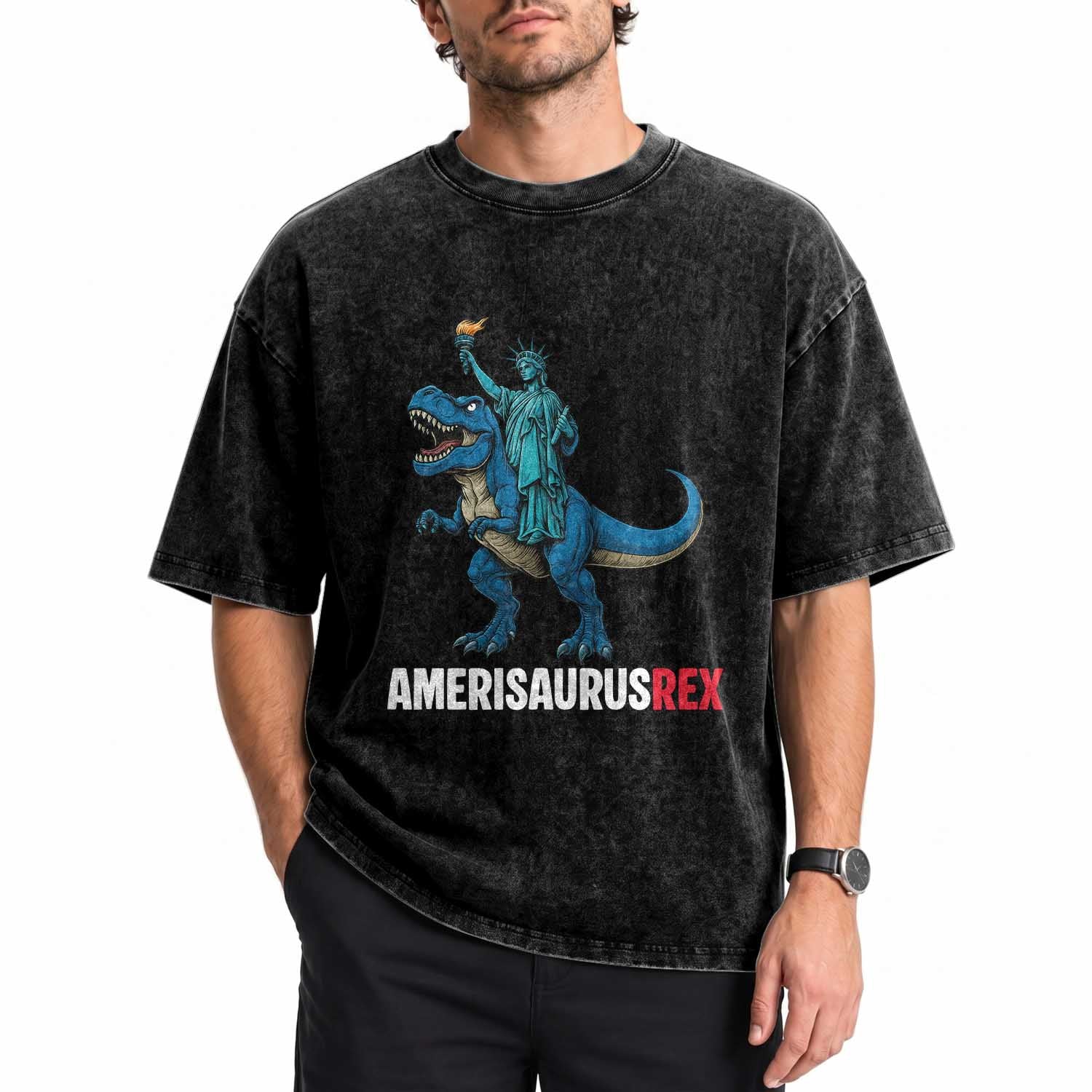 Patriotic Dinosaur Washed Cotton T-Shirt Funny Amerisaurus Rex Statue Of Liberty Dino