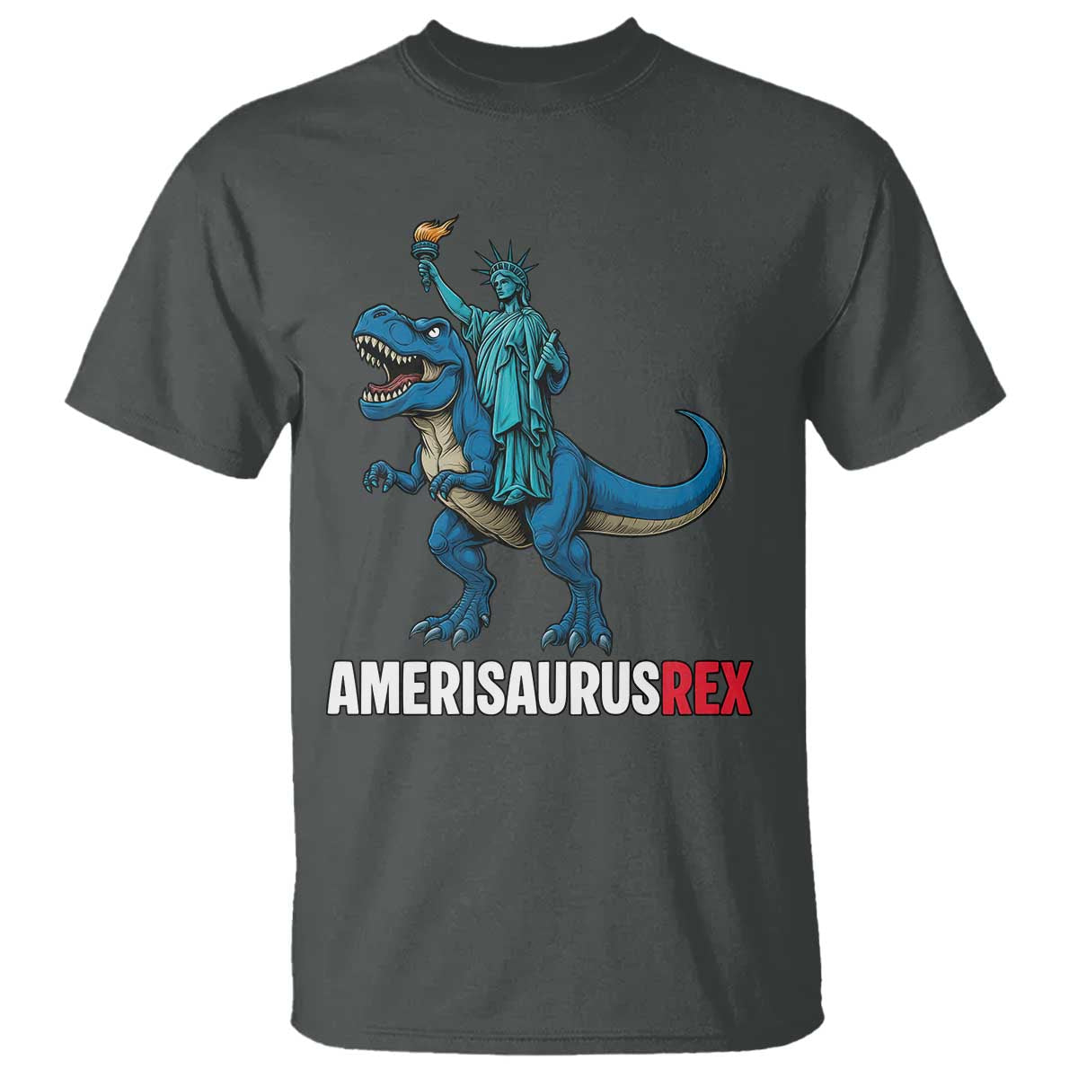 Patriotic Dinosaur T Shirt Funny Amerisaurus Rex Statue Of Liberty Dino TS12 Dark Heather Print Your Wear
