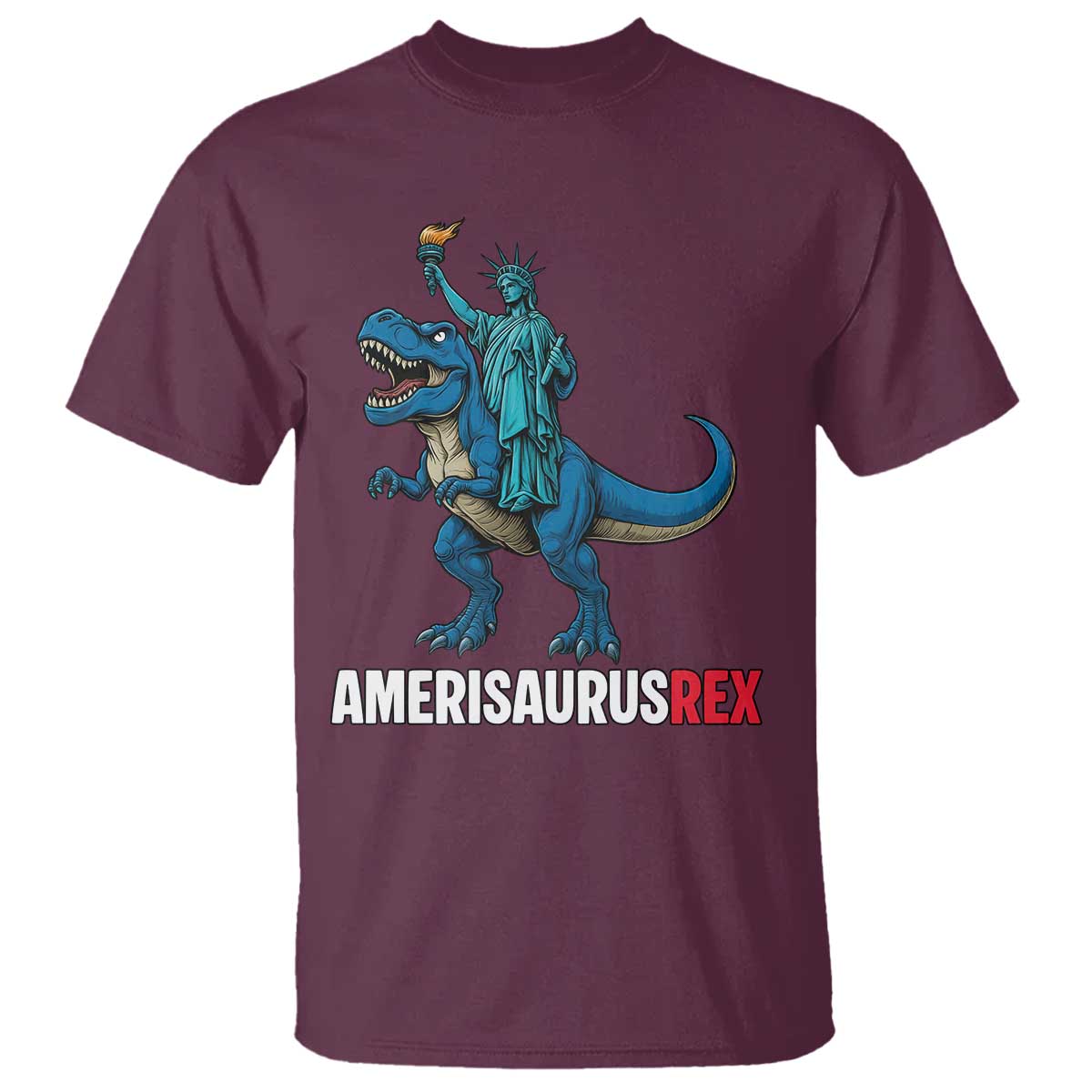 Patriotic Dinosaur T Shirt Funny Amerisaurus Rex Statue Of Liberty Dino TS12 Maroon Print Your Wear