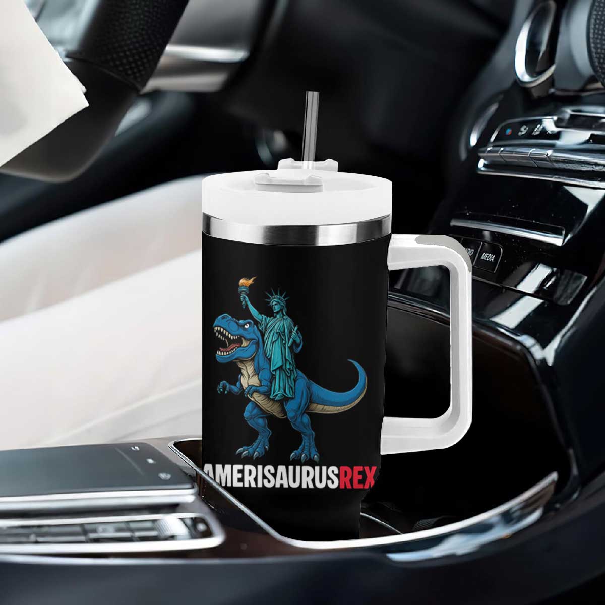 Patriotic Dinosaur Tumbler With Handle Funny Amerisaurus Rex Statue Of Liberty Dino TS12 Print Your Wear