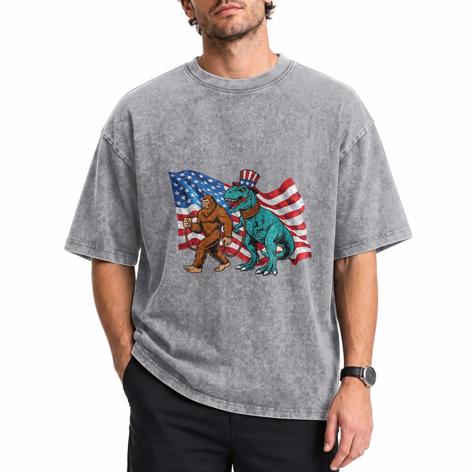Funny Patriotic Washed Cotton T-Shirt Bigfoot Walking Dinosaur With USA Flag