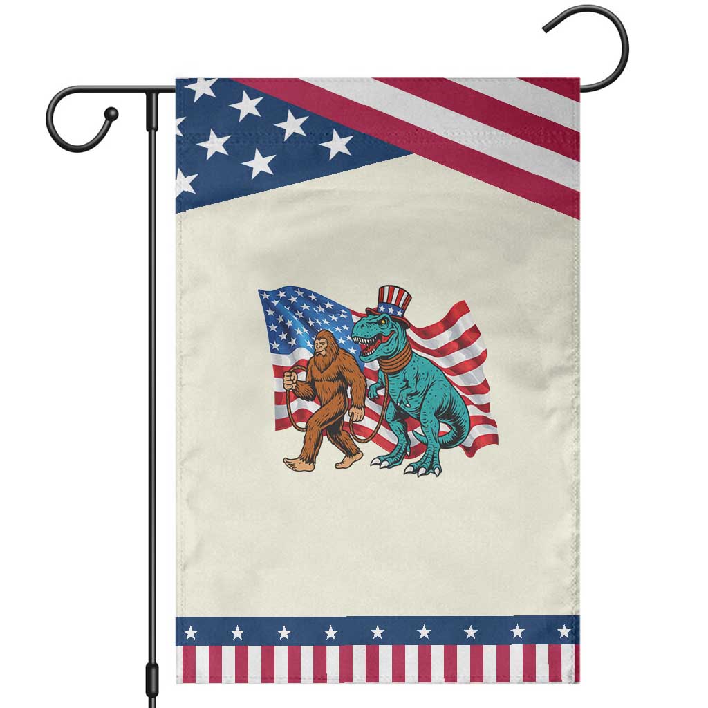 Funny Patriotic Garden Flag Bigfoot Walking Dinosaur With USA Flag TS12 Modern Beige Blue Print Your Wear
