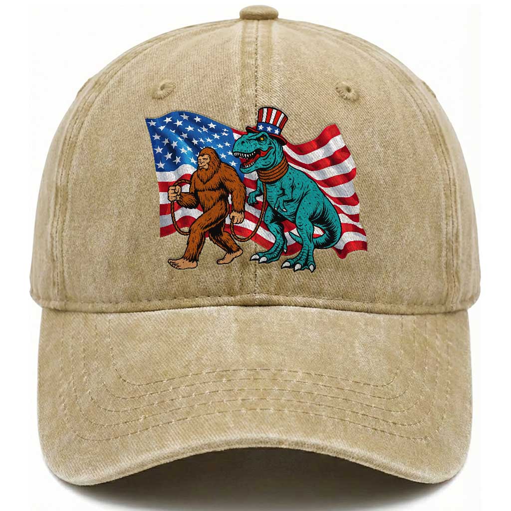Funny Patriotic Washed Cotton Baseball Cap Bigfoot Walking Dinosaur With USA Flag TS12 Print Your Wear
