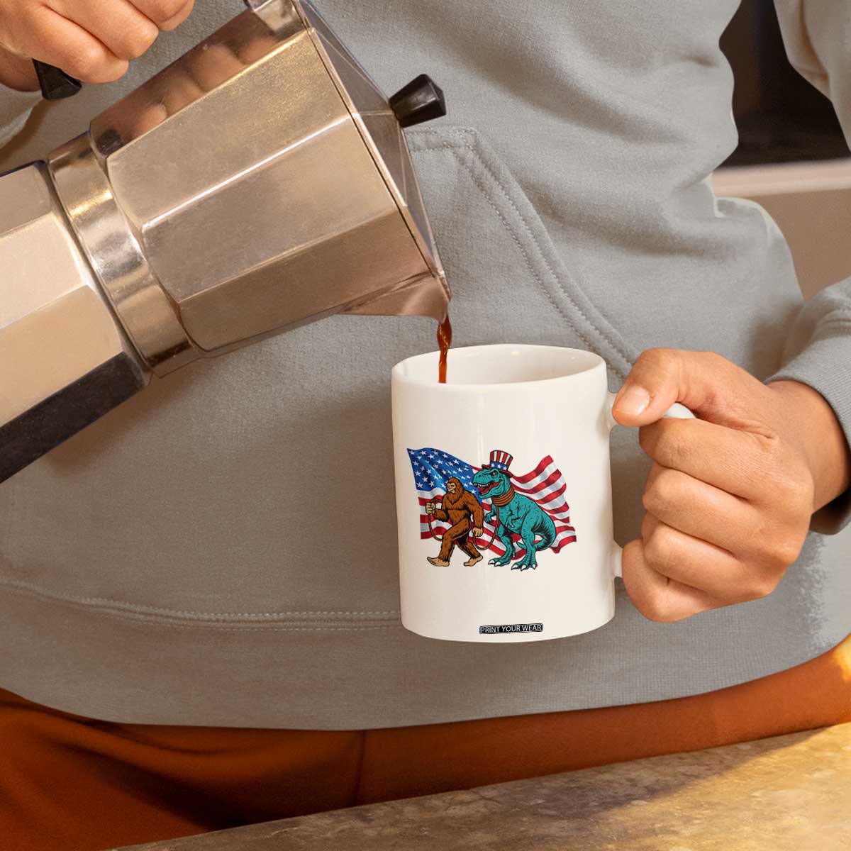 Funny Patriotic Coffee Mug Bigfoot Walking Dinosaur With USA Flag TS12 Print Your Wear
