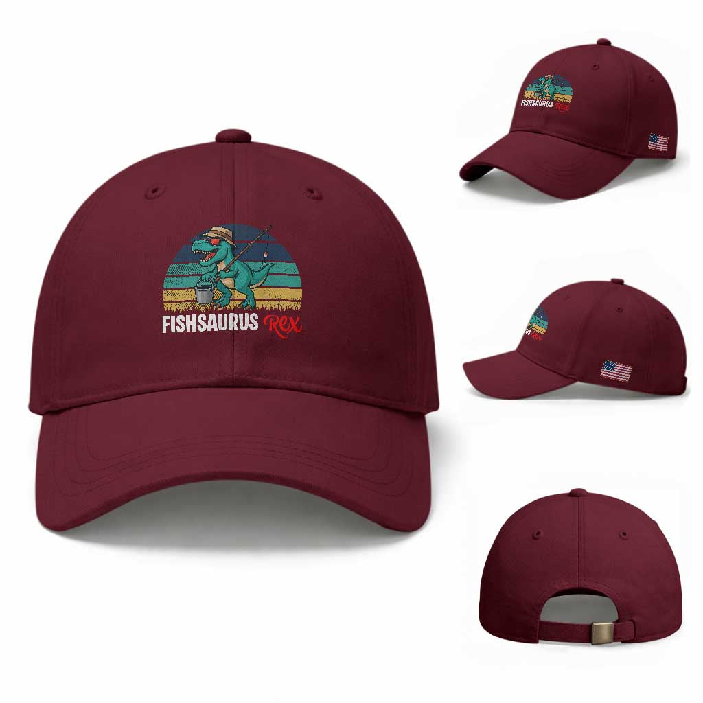 Funny Dinosaur Baseball Cap Fishsaurus Rex Fishing Lover TS12 Baseball Cap Universal Fit Maroon Print Your Wear