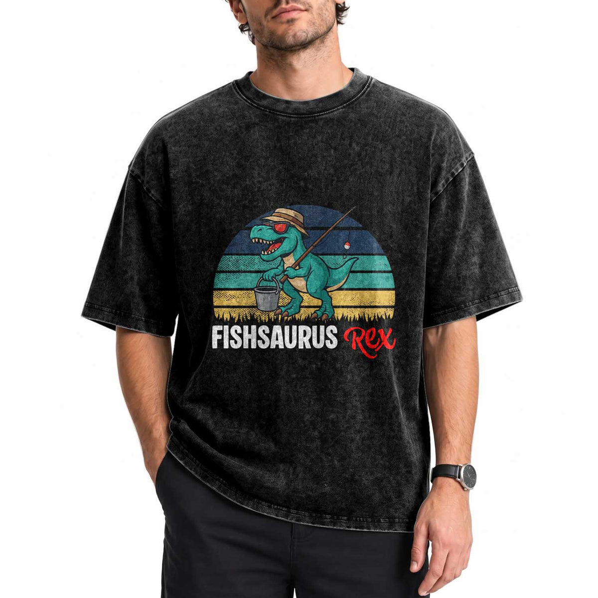 Funny Dinosaur Washed Cotton T-Shirt Fishsaurus Rex Fishing Lover