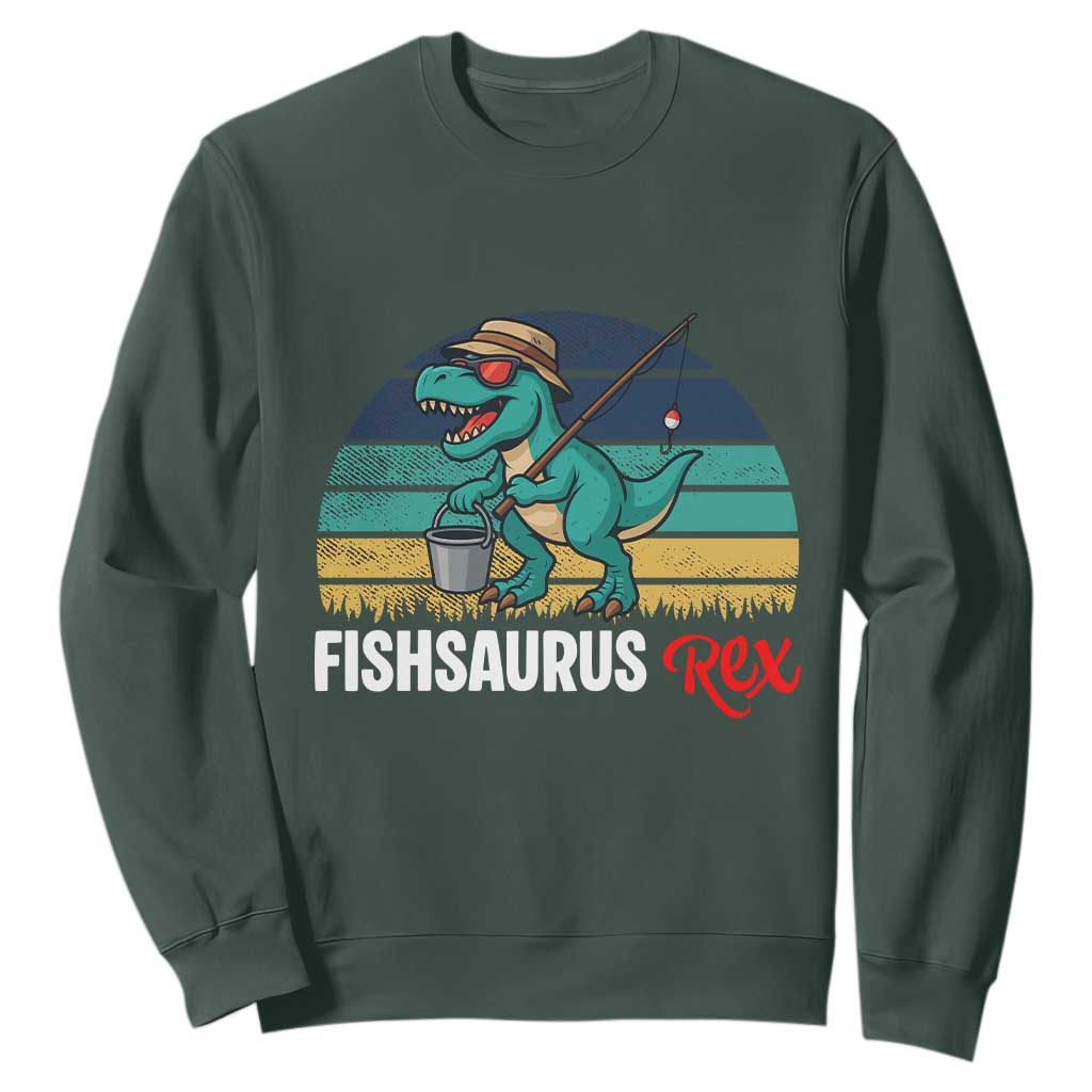 Funny Dinosaur Sweatshirt Fishsaurus Rex Fishing Lover TS12 Dark Forest Green Print Your Wear