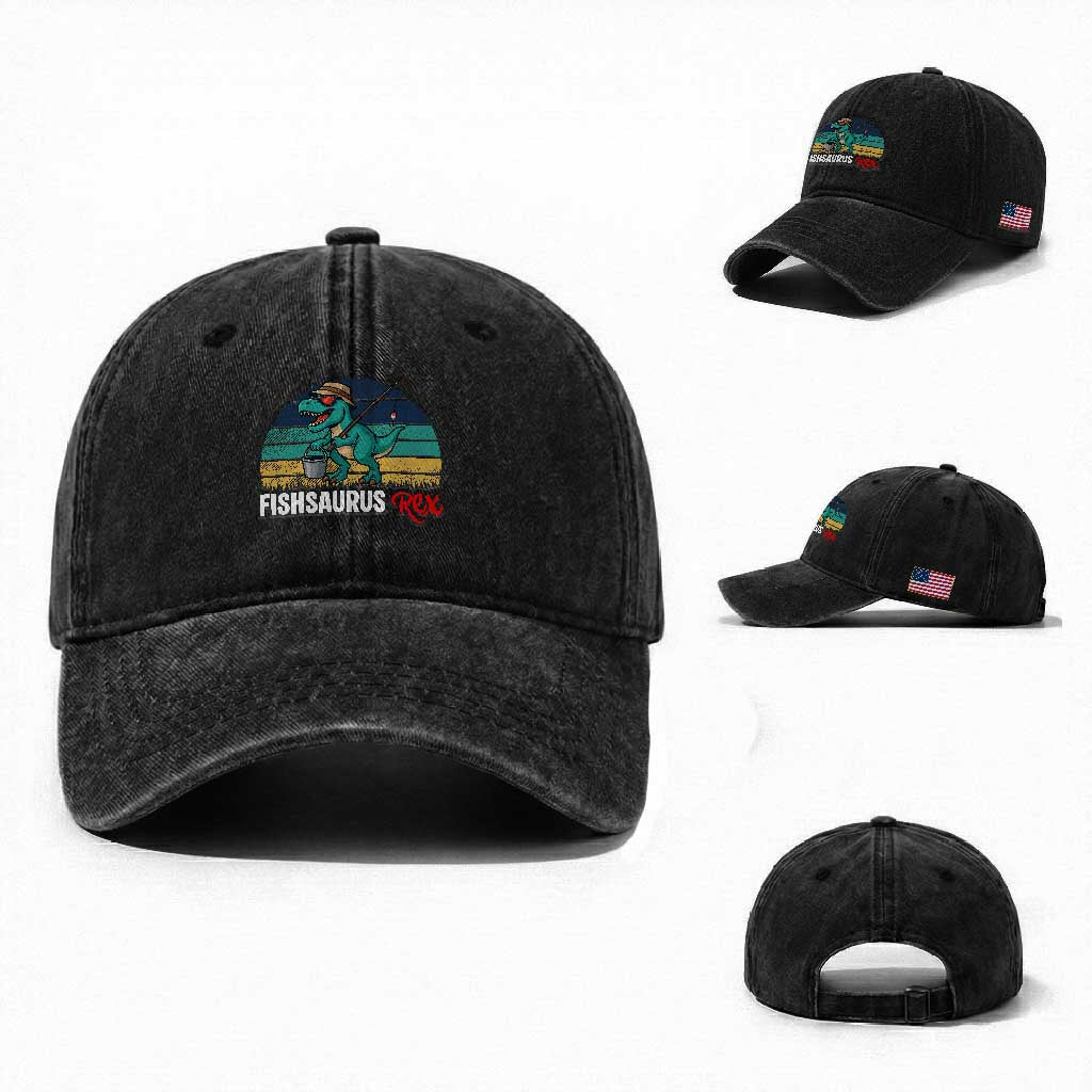 Funny Dinosaur Washed Cotton Baseball Cap Fishsaurus Rex Fishing Lover TS12 Washed Cap Universal Fit Black Print Your Wear