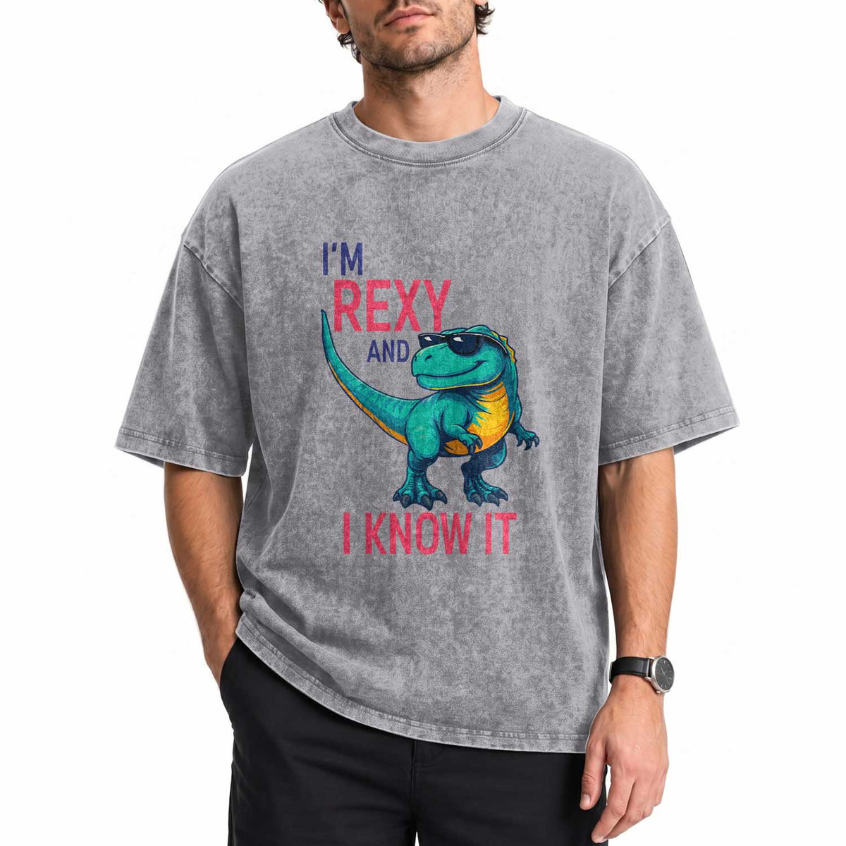 Funny Dinosaur Washed Cotton T-Shirt I Am Rexy And I Know It
