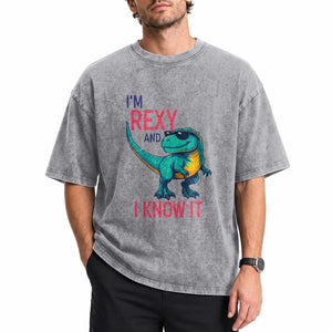 Funny Dinosaur Washed Cotton T-Shirt I Am Rexy And I Know It
