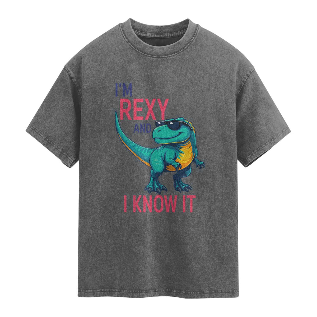 Funny Dinosaur Washed Cotton T-Shirt I Am Rexy And I Know It