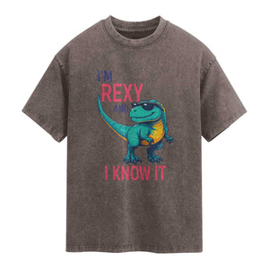 Funny Dinosaur Washed Cotton T-Shirt I Am Rexy And I Know It