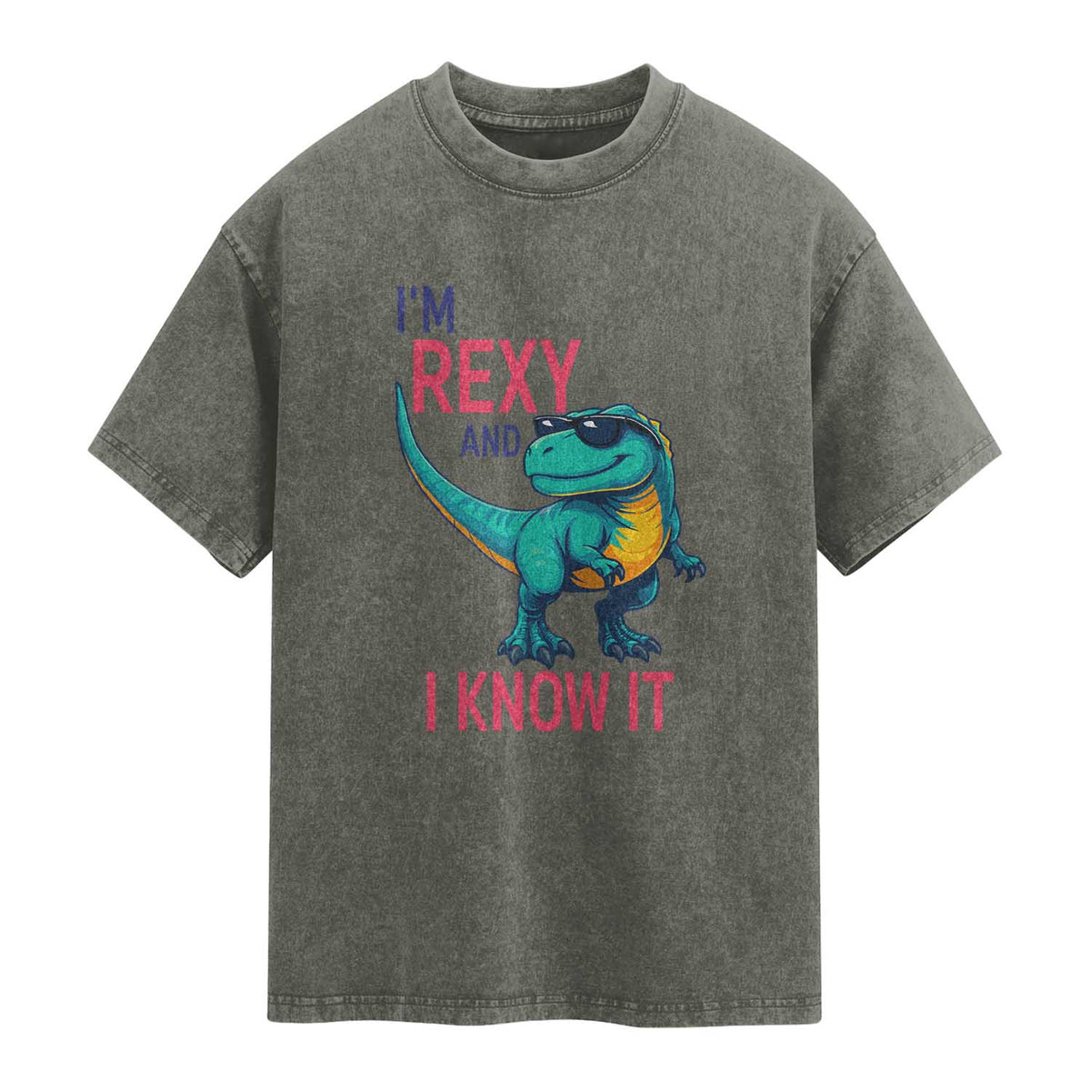 Funny Dinosaur Washed Cotton T-Shirt I Am Rexy And I Know It