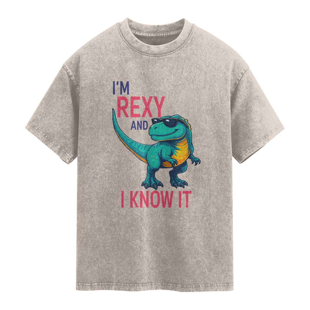 Funny Dinosaur Washed Cotton T-Shirt I Am Rexy And I Know It