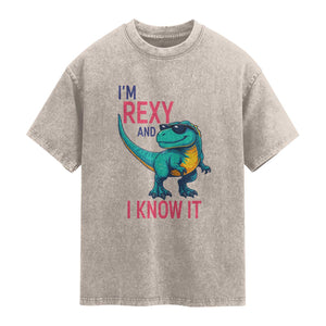 Funny Dinosaur Washed Cotton T-Shirt I Am Rexy And I Know It