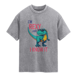 Funny Dinosaur Washed Cotton T-Shirt I Am Rexy And I Know It