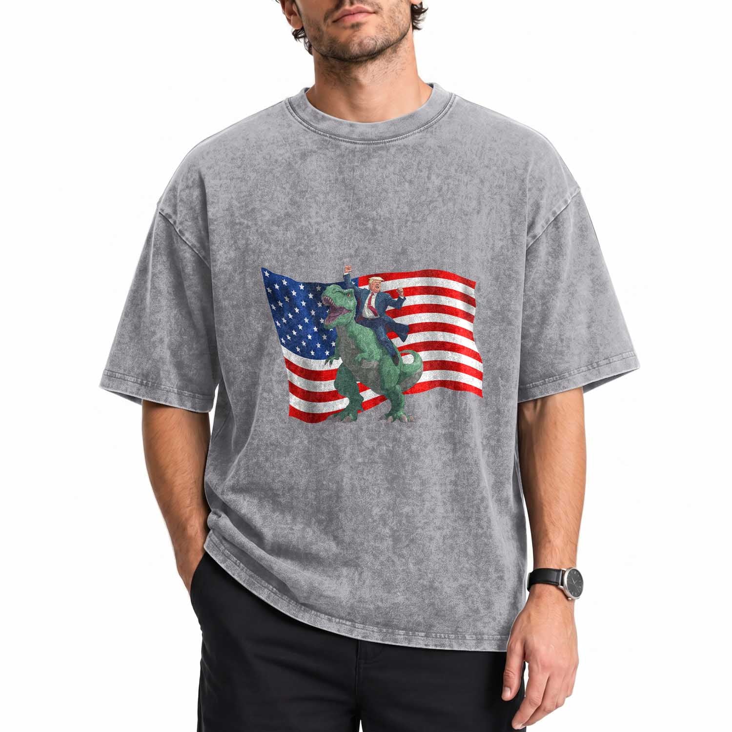 Funny Trump Riding Dinosaur Washed Cotton T-Shirt America Flag Patriotic
