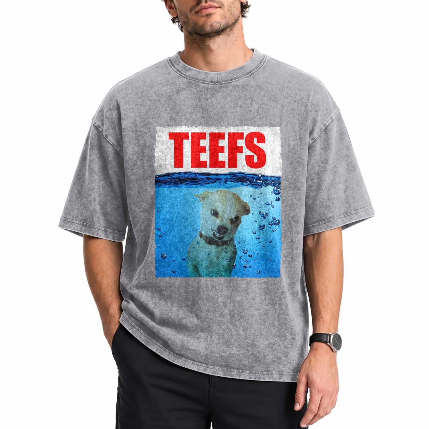 Chihuahua Dog Meme Washed Cotton T-Shirt Funny Horror Movie Poster Dog Teefs