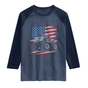Patriotic Monster Truck Polka Dot Raglan Shirt Dot Day Gift TS12 Heather Denim Navy Print Your Wear