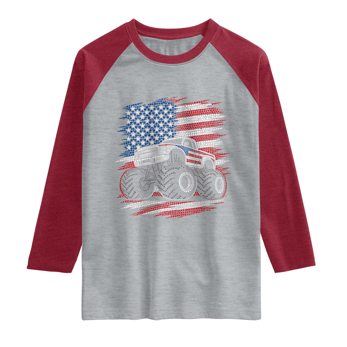 Patriotic Monster Truck Polka Dot Raglan Shirt Dot Day Gift TS12 Heather Gray Heather Red Print Your Wear