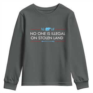 No One Is Illegal On Stolen Land Youth Sweatshirt Indigenous Peoples Pride TS12 Dark Heather Print Your Wear