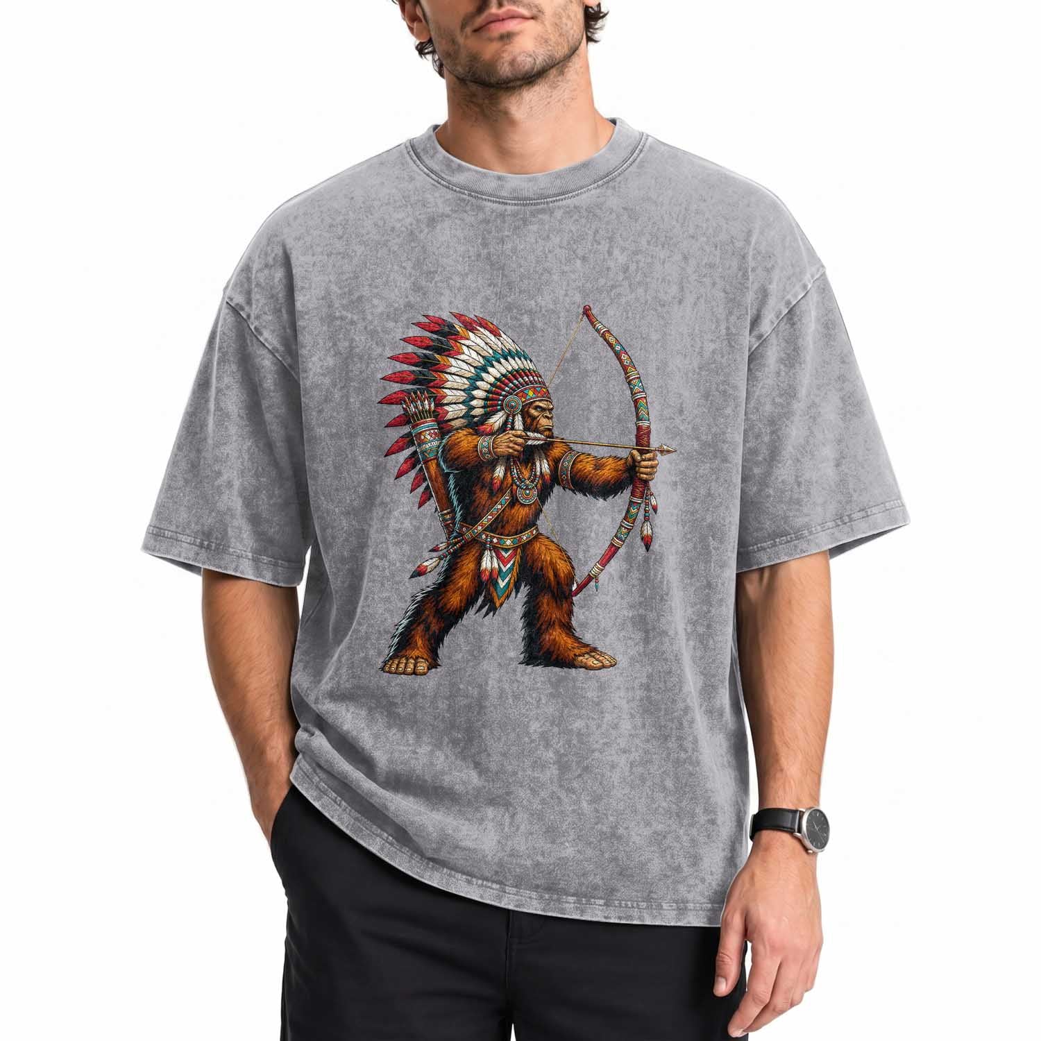 Native American Bigfoot Chief Washed Cotton T-Shirt Forest Warrior Pride Graphic
