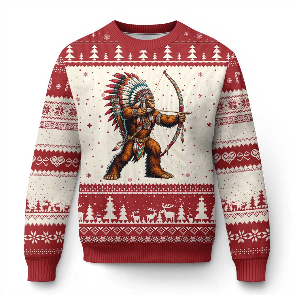 Native American Bigfoot Chief Ugly Christmas Sweater Forest Warrior Pride Graphic TS12 Beige Red Print Your Wear