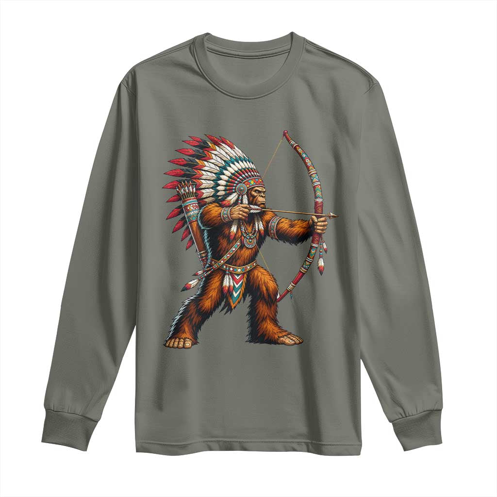 Native American Bigfoot Chief Long Sleeve Shirt Forest Warrior Pride Graphic TS12 Military Green Print Your Wear