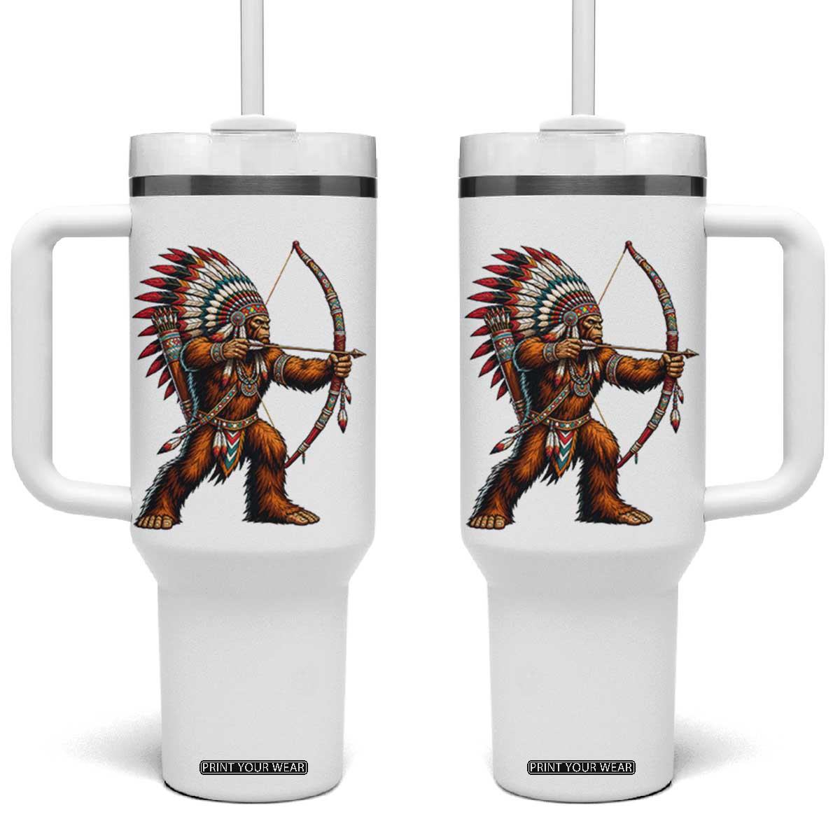 Native American Bigfoot Chief Tumbler With Handle Forest Warrior Pride Graphic TS12 One Size: 40 oz White Print Your Wear