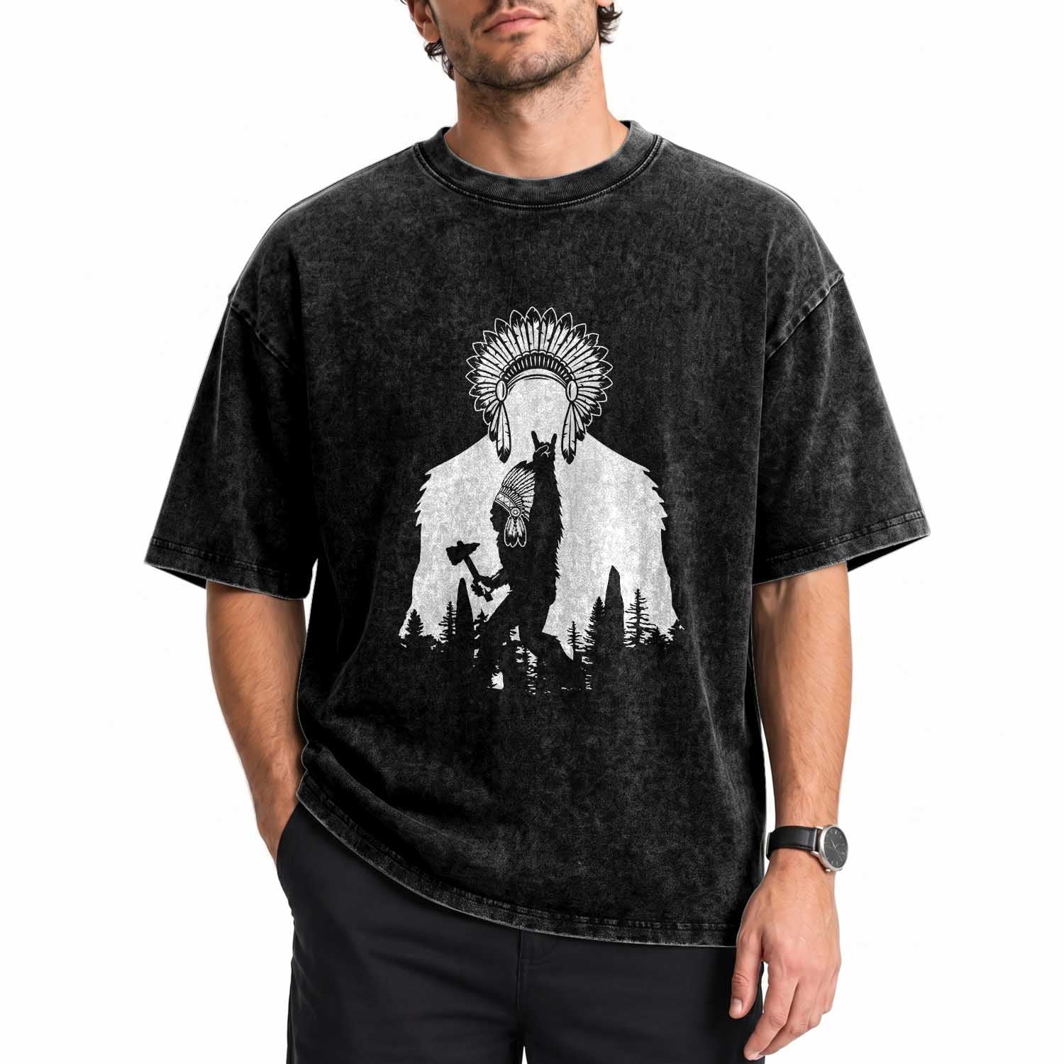 Bigfoot Native American Chief Washed Cotton T-Shirt Hunting Spear Warrior Graphic