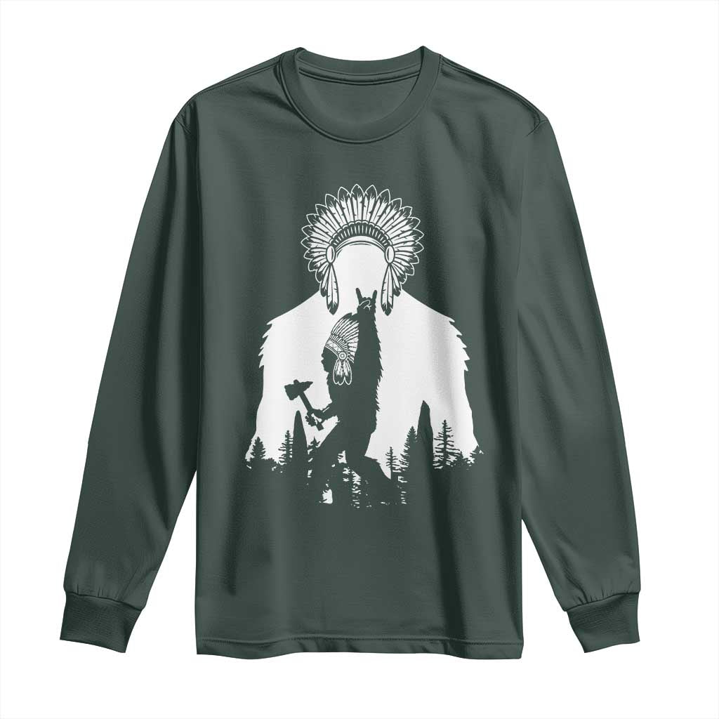 Bigfoot Native American Chief Long Sleeve Shirt Hunting Spear Warrior Graphic TS12 Dark Forest Green Print Your Wear