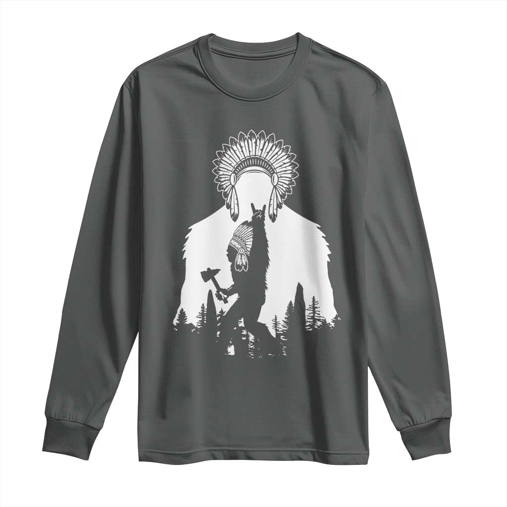 Bigfoot Native American Chief Long Sleeve Shirt Hunting Spear Warrior Graphic TS12 Dark Heather Print Your Wear