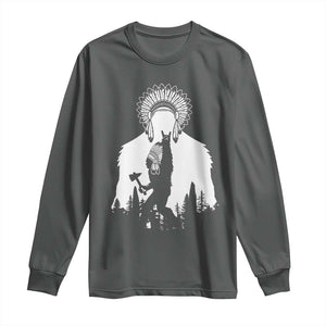 Bigfoot Native American Chief Long Sleeve Shirt Hunting Spear Warrior Graphic TS12 Dark Heather Print Your Wear