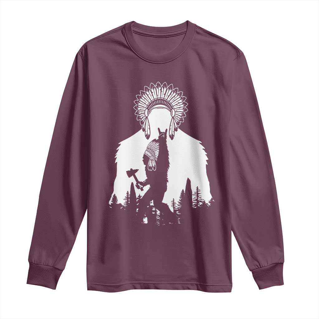 Bigfoot Native American Chief Long Sleeve Shirt Hunting Spear Warrior Graphic TS12 Maroon Print Your Wear