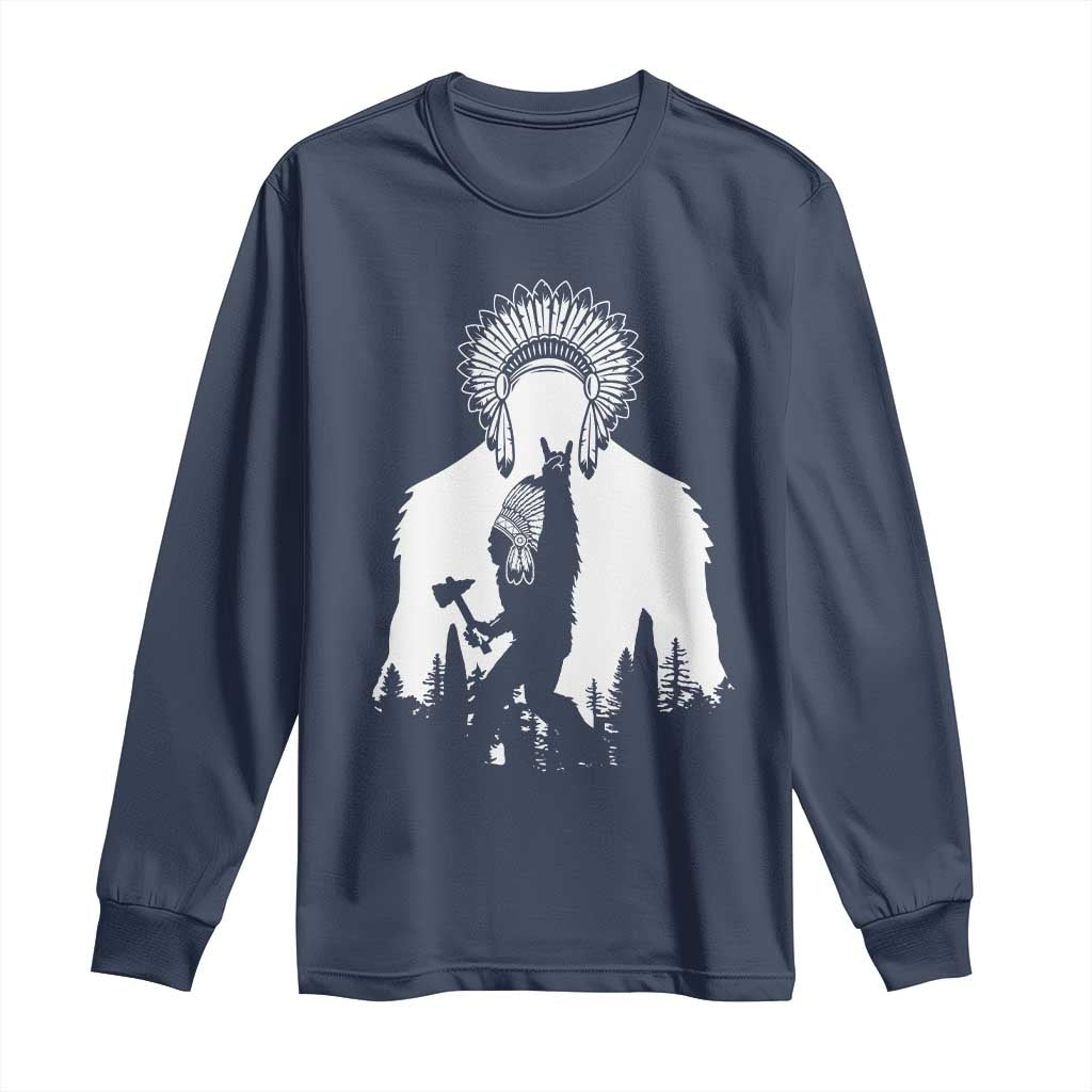 Bigfoot Native American Chief Long Sleeve Shirt Hunting Spear Warrior Graphic TS12 Navy Print Your Wear