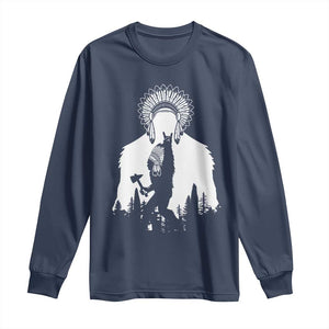 Bigfoot Native American Chief Long Sleeve Shirt Hunting Spear Warrior Graphic TS12 Navy Print Your Wear