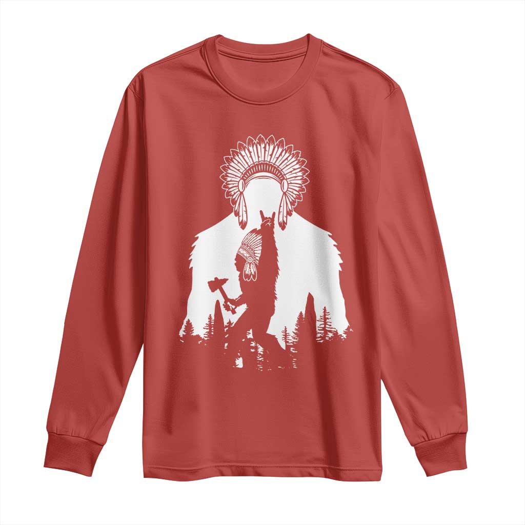 Bigfoot Native American Chief Long Sleeve Shirt Hunting Spear Warrior Graphic TS12 Red Print Your Wear