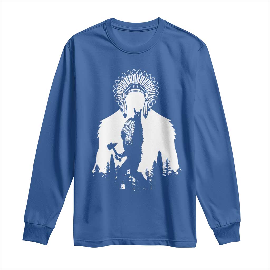 Bigfoot Native American Chief Long Sleeve Shirt Hunting Spear Warrior Graphic TS12 Royal Blue Print Your Wear