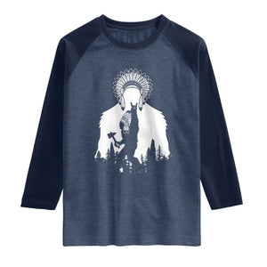 Bigfoot Native American Chief Raglan Shirt Hunting Spear Warrior Graphic TS12 Heather Denim Navy Print Your Wear