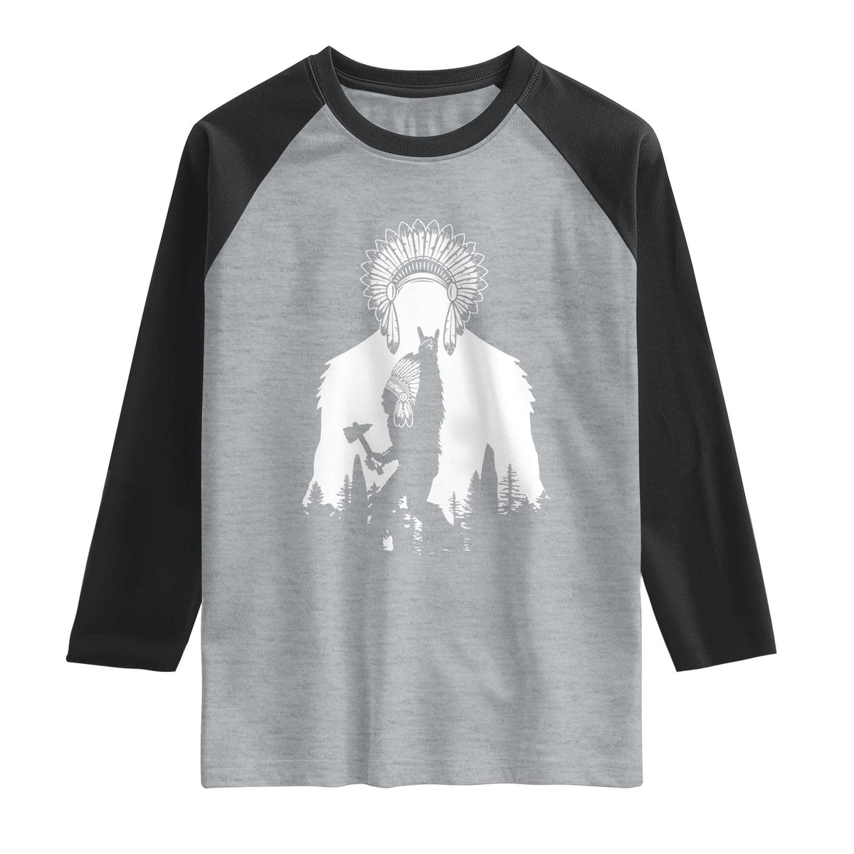 Bigfoot Native American Chief Raglan Shirt Hunting Spear Warrior Graphic TS12 Heather Gray Black Print Your Wear