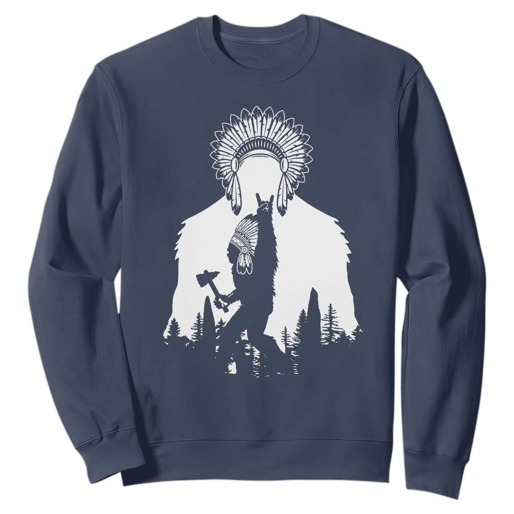 Bigfoot Native American Chief Sweatshirt Hunting Spear Warrior Graphic TS12 Navy Print Your Wear