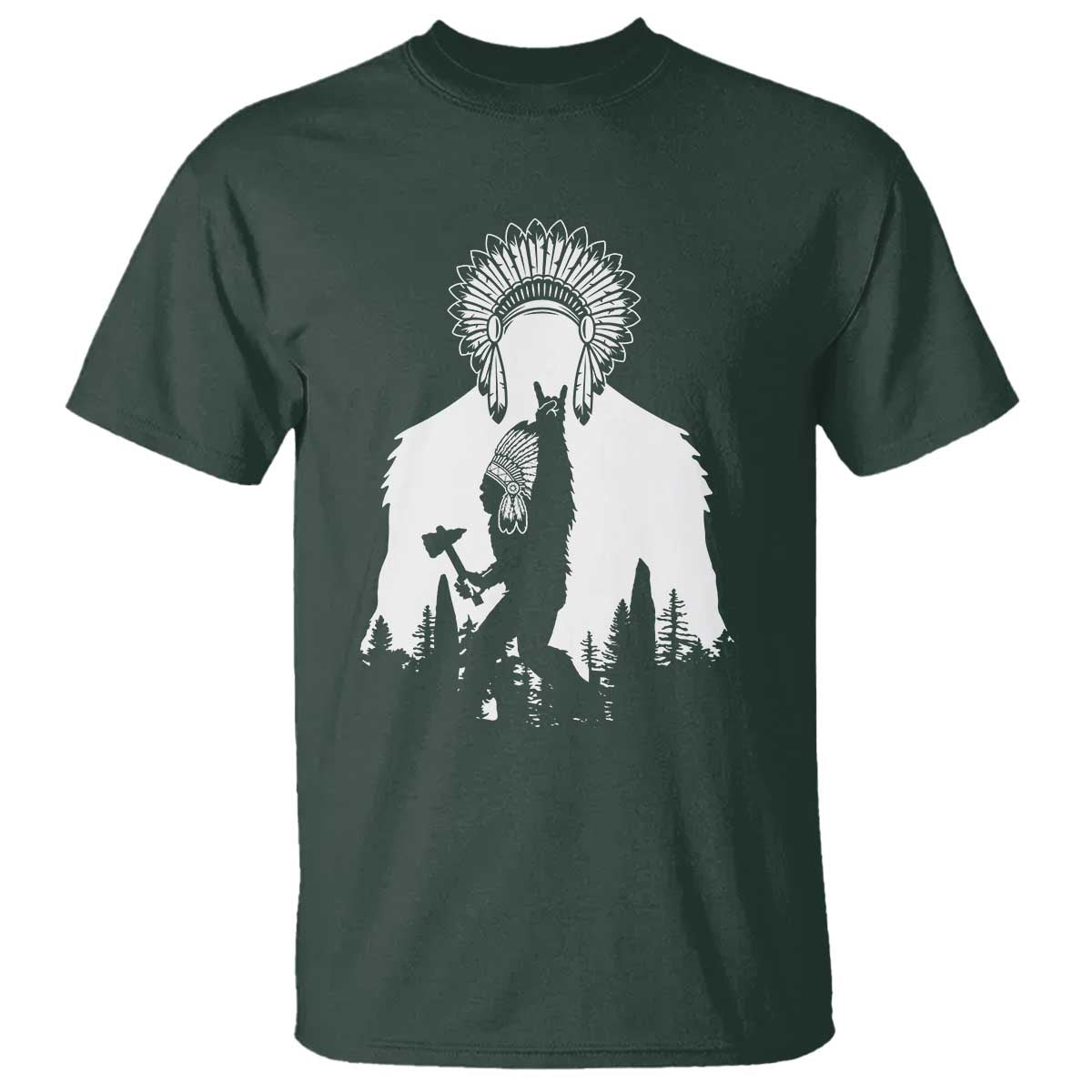 Bigfoot Native American Chief T Shirt Hunting Spear Warrior Graphic TS12 Dark Forest Green Print Your Wear