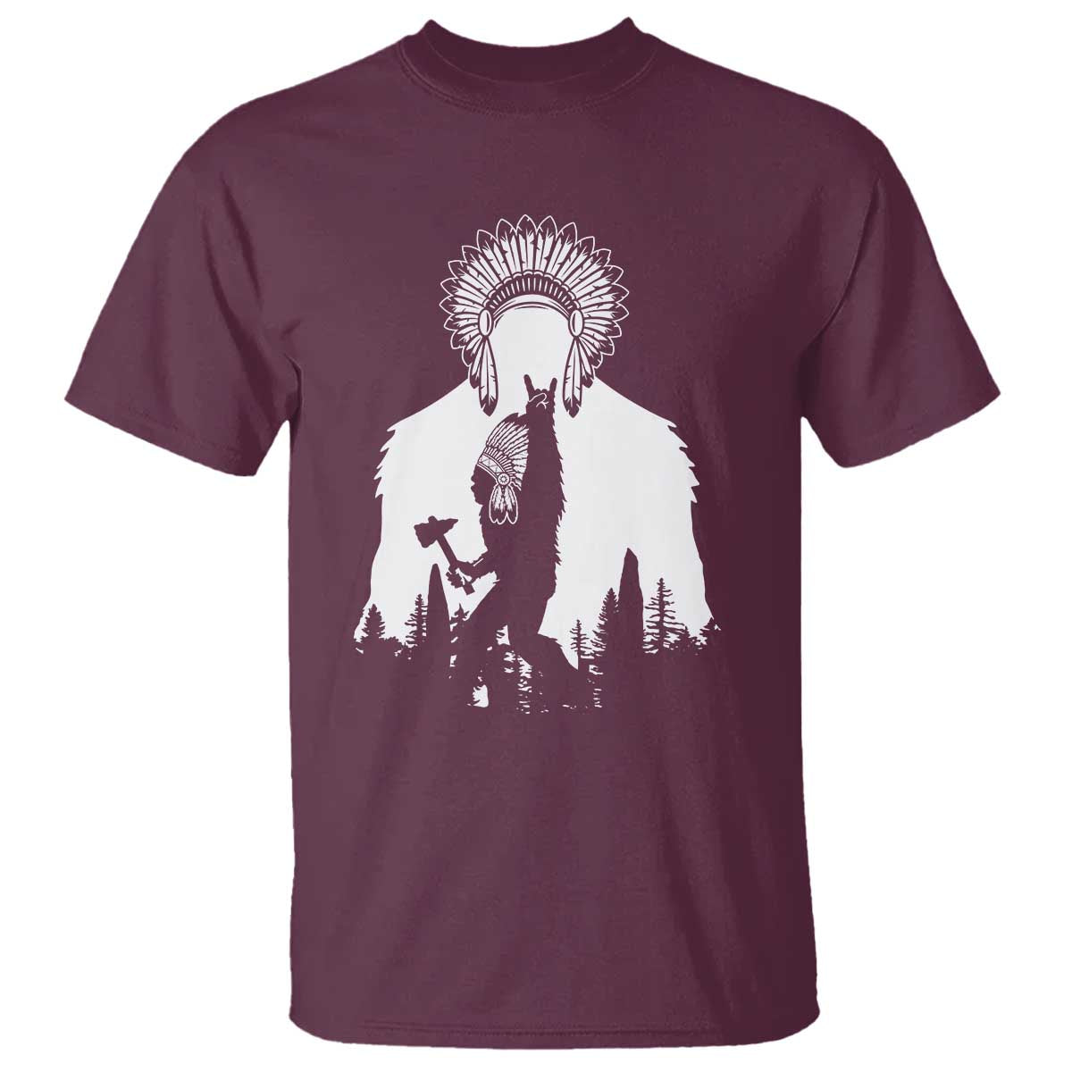 Bigfoot Native American Chief T Shirt Hunting Spear Warrior Graphic TS12 Maroon Print Your Wear