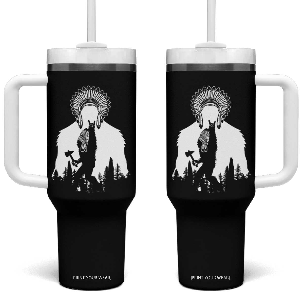 Bigfoot Native American Chief Tumbler With Handle Hunting Spear Warrior Graphic TS12 One Size: 40 oz Black Print Your Wear